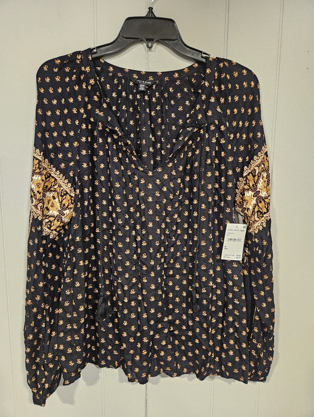 Lucky Brand Boho Peasant Tunic Top VNeck Medium Black Gold Floral Tassel Tie NWT